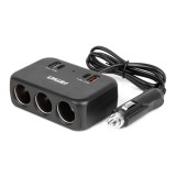 Distribuitor priza bricheta auto AMiO cu incarcare QC4.0, 3 prize, 1x USB-A, 1x USB-C, 12/24V, 120W, cablu 80 cm, pentru autoturisme, camioane,