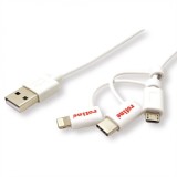 Cablu de date si incarcare USB la USB-C + micro USB-B + Lightning 1m Alb, Roline 11.02.8329