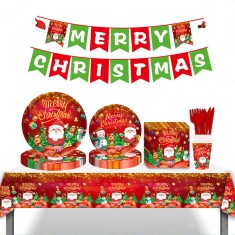 Set 81 piese vesela petrecere de Craciun pentru 10 persoane, decorarea completa a mesei, Rosu