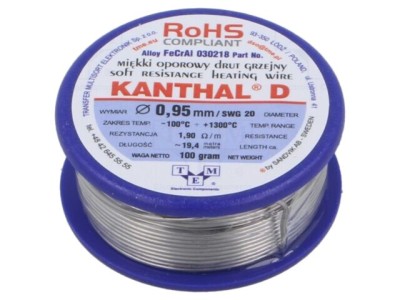 Fir rezistență KANTHAL 1,9&amp;Omega;/m 1300&amp;deg;C 0,95mm 0,1kg 20SWG foto