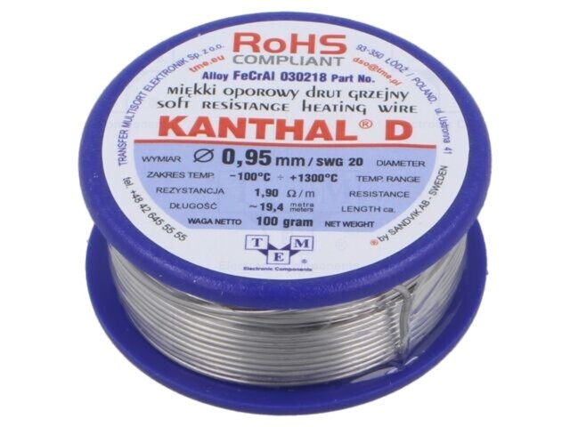 Fir rezistență KANTHAL 1,9&Omega;/m 1300&deg;C 0,95mm 0,1kg 20SWG