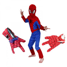 Set costum Spiderman M, 110-120 cm si doua manusi cu ventuze si discuri, rosu