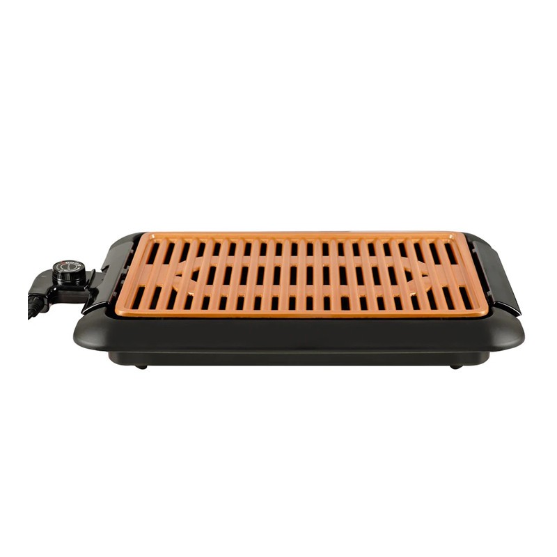 Gratar electric fara fum Hausberg, 1250 W, 25 x 38 cm, suprafata ceramica,  termostat reglabil, Negru/Maro | Okazii.ro