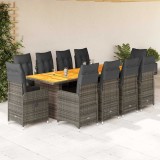 Set bistro de grădină cu perne, 11 piese, gri, poliratan