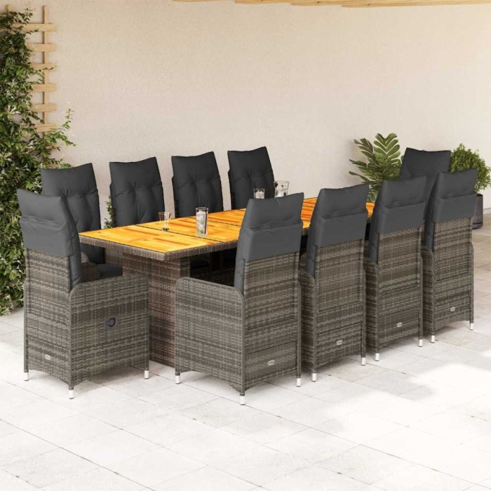Set bistro de grădină cu perne, 11 piese, gri, poliratan