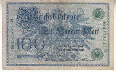 M1 - Bancnota foarte veche - Germania - 100 marci - 1908 foto