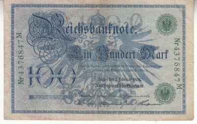 B11 40 - Bancnota foarte veche - Germania - 100 marci - 1908 - serie verde foto