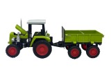 Macheta Tractor verde cu remorca metalica Die-Cast, capota mobila scara 1/24