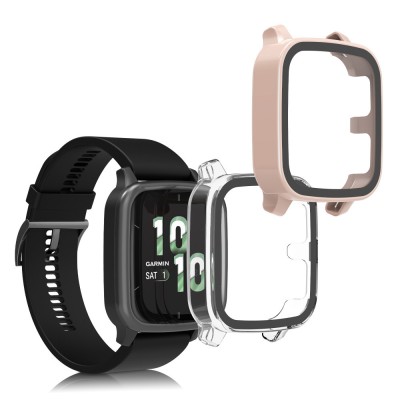 Set 2 Huse Kwmobile cu sticla securizata pentru Garmin Venu Sq 2 Music, Transparent/Roz, Plastic, KWM000024ZF003C foto