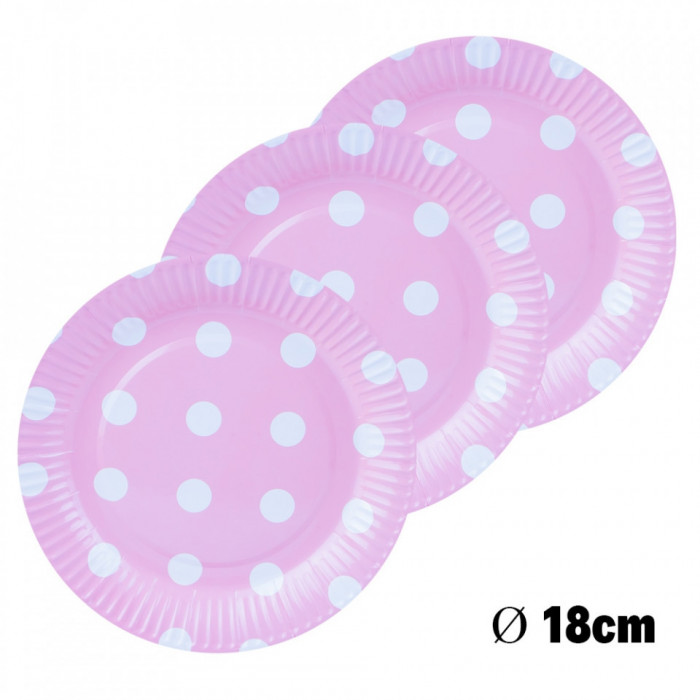 Farfurii carton pentru party, cu buline, roz, 18 cm, 10 buc/set