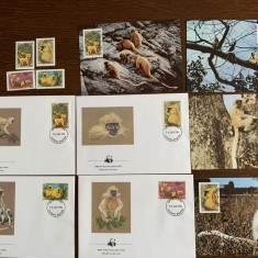 bhutan - maimute - serie 4 timbre MNH, 4 FDC, 4 maxime, fauna wwf
