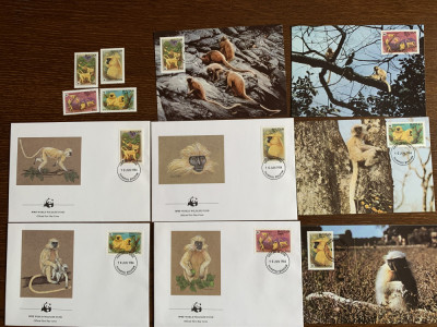 bhutan - maimute - serie 4 timbre MNH, 4 FDC, 4 maxime, fauna wwf foto