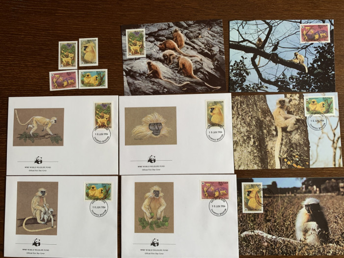 bhutan - maimute - serie 4 timbre MNH, 4 FDC, 4 maxime, fauna wwf