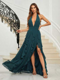 Rochie maxi, cu slit si decolteu, verde, dama, Shein