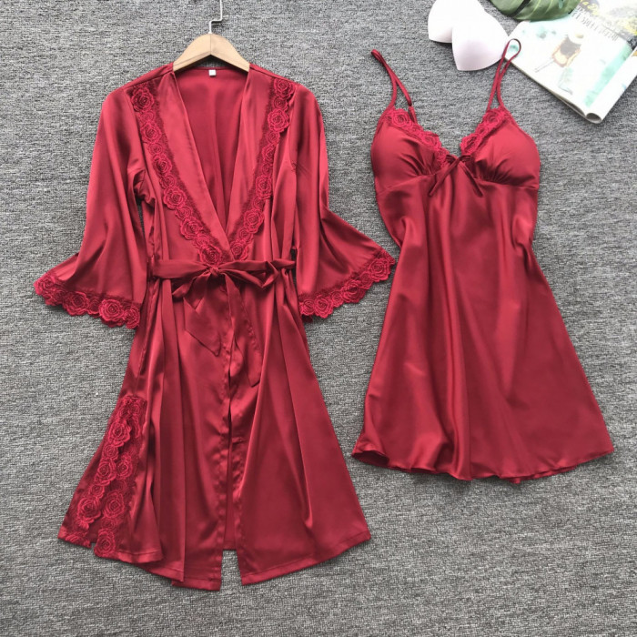 Set halat si rochita de noapte rosie, marimi S/M, cod produs: 68