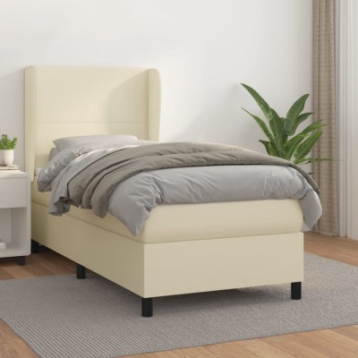 vidaXL Pat box spring cu saltea, crem, 100x200 cm, piele ecologică 3128897 foto