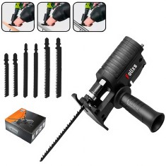 Adaptor fierastrau lance sau pendular, Folixs&reg;, pentru bormasina electrica, Portabil, Multifunctional, cu 6 lame pentru lemn, metal, PVC, Negru
