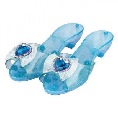 Pantofi Jucărie Fete, Model Cu Toc, Culoare Bleu, Glitter Argintiu, Fundiță Inimă, Mărime 27 foto