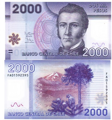 Chile 2 000 2000 Pesos 2013 P-162c Polimer UNC foto