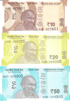 Bancnota India 10, 20 si 50 Rupii 2022 - PNew UNC ( set x3 ) foto