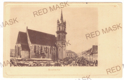 1571 - BISTRITA, Big Market &amp;amp; Church, Romania - old postcard - used - 1906 foto