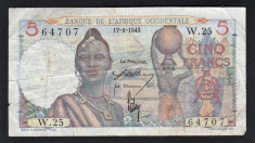 Africa Occidentala 5 Francs s64707 1943 foto