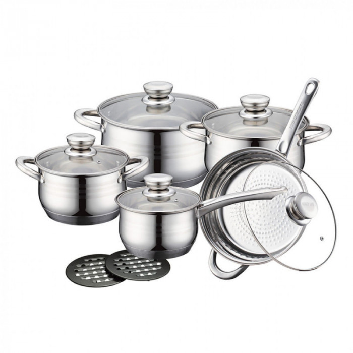 Set oale si tigaie Royalty Line RL-1232, 12 bucati, Fundul gros, Inductie, Inox