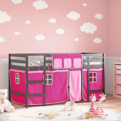 vidaXL Pat etajat de copii cu perdele, roz, 90x190 cm, lemn masiv pin foto