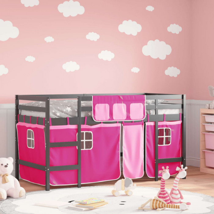 vidaXL Pat etajat de copii cu perdele, roz, 90x190 cm, lemn masiv pin