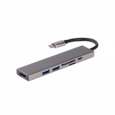 Hub Usb Type - C cu port HDMI 4K, cititor card SD / micro SD, si 2 porturi USB 3.0 5Gbps, gri foto