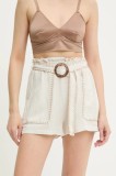 Answear Lab pantaloni scurți din amestec de in culoarea bej, neted, high waist