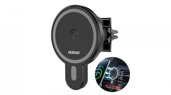 Dudao &icirc;ncărcător auto magnetic, &icirc;ncărcător Qi inductiv, 15W (compatibil MagSafe), negru (F13)