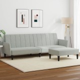 Gossi canapea extensibila cu taburet, 2 locuri, gri deschis, catifea