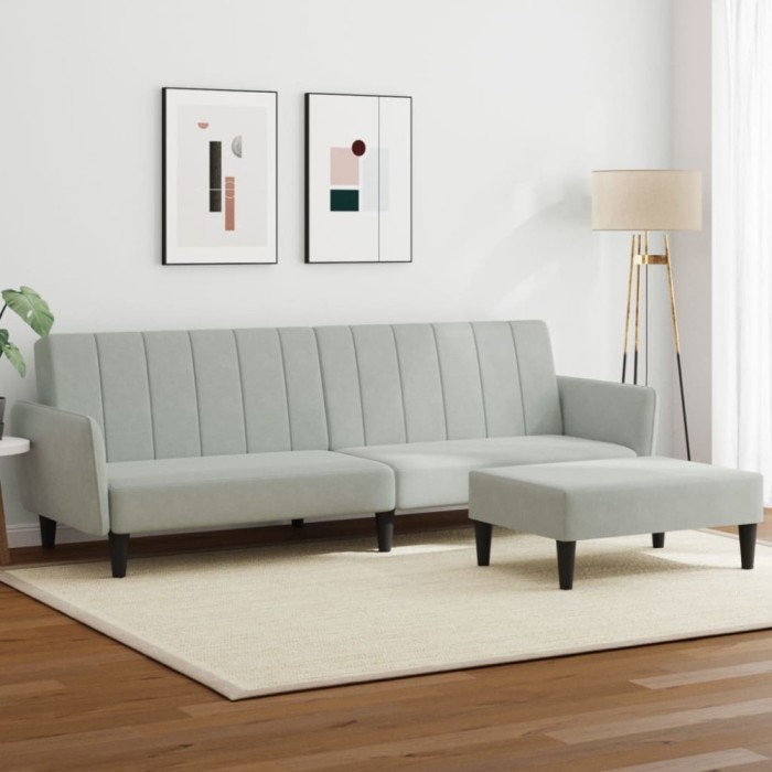 Gossi canapea extensibila cu taburet, 2 locuri, gri deschis, catifea