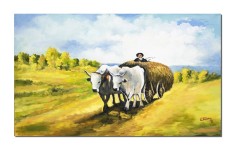 Tablou celebru car cu boi pictat manual, 100x60cm ulei pe panza, reproducere Nicole Grigorescu foto