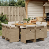 VidaXL Set de masă pentru grădină, 9 piese, cu perne, bej, poliratan 3277791