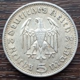 (A754) MONEDA DIN ARGINT GERMANIA - 5 MARK 1936, LIT. F, PAUL VON HINDENBURG, Europa