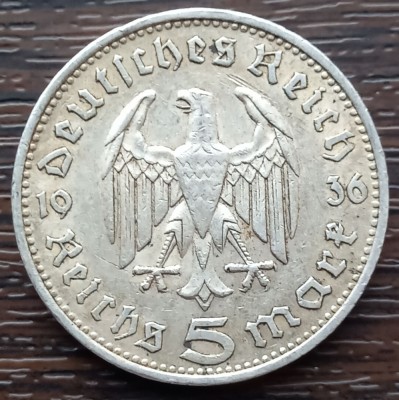 (A754) MONEDA DIN ARGINT GERMANIA - 5 MARK 1936, LIT. F, PAUL VON HINDENBURG foto