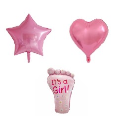 Set 3 baloane din folie metalizata, flippy, figurine picior 46x79 cm, inima 45 cm, stea 45cm, model it&#039;s a girl, tema gender reveal, ambalaj individua