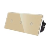 Intrerupator touch simplu x 3 cu indicator luminos, Luxion LX-ST-101/101/101-G, incastrat, rama din sticla inclusa, auriu
