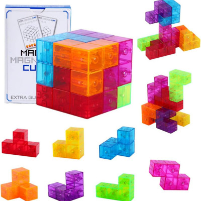 Cub magnetic Magic 3D, set Blocuri de constructie STEM, cu 7 blocuri magnetice cu multiple forme, 54 carti de ghidare, dezvolta inteligenta, abilitati foto