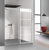 Paravan dus cu usa glisanta Glissando INOX, model Mode alb, sticla clara securizata, pentru nisa cu latime intre 140-150x205 cm, Leroy Glass