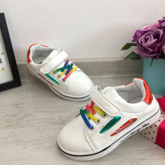 Adidasi albi rosii sireturi colorate pantofi sport fete baieti 25 cod 0069 foto