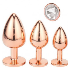 Set 3 Dopuri Charm Anal Plug, Rose Gold, Piatra Transparenta, Passion Labs