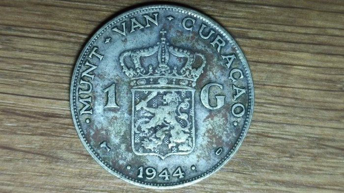 Curacao -moneda de argint rara an unic- 1 gulden 1944 - Wilhelmina - tiraj 500k