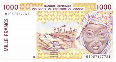 Bancnota Statele Africii de Vest 1.000 Franci 2001 - P112Aj UNC Coasta de Fildes foto