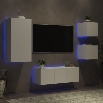 Unități de perete TV cu LED-uri, 5 piese, alb, lemn prelucrat foto