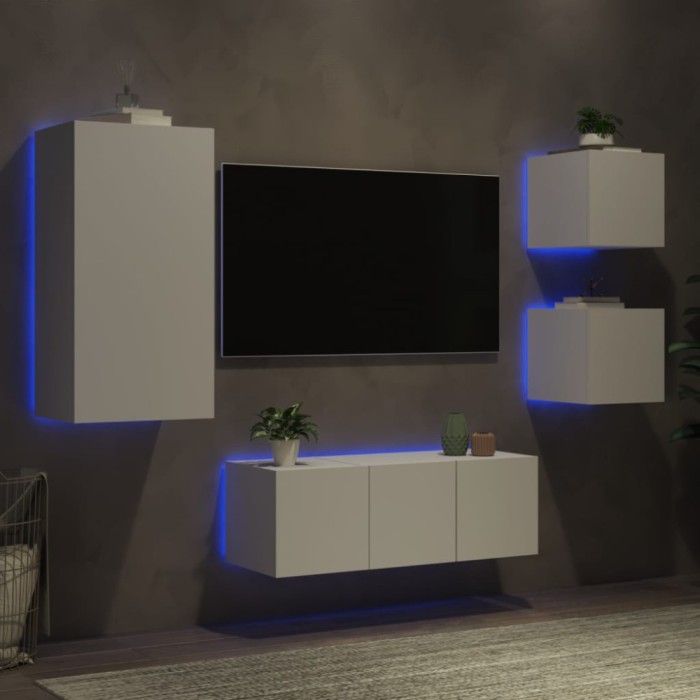 Unități de perete TV cu LED-uri, 5 piese, alb, lemn prelucrat