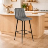 Scaun de bar Artool Pozza, catifea gri inchis, picioare negre, 43x35x104 cm