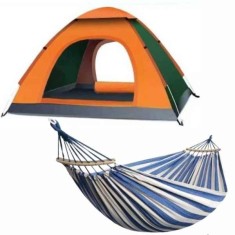 Set Mercaton, Cort Automat 3-4 Persoane 200x200x135 cm, Impermeabil, Protectie UV, Portocaliu si Hamac cu Suport Lemn, Anti-Inca